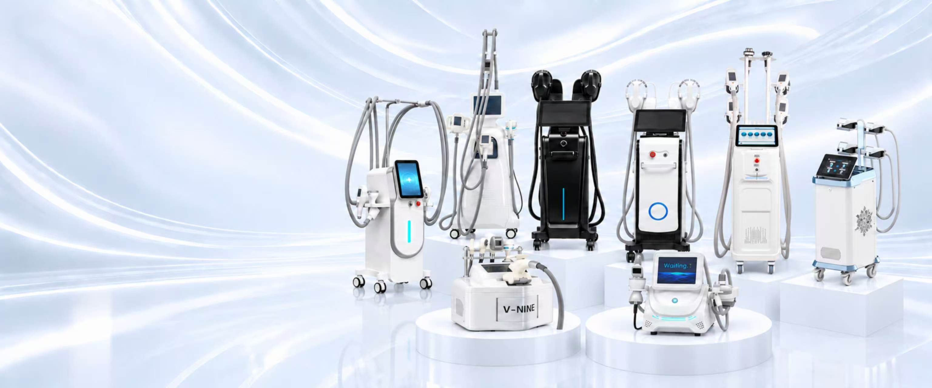 Professional body contouring equipment presented in a blue studio setting